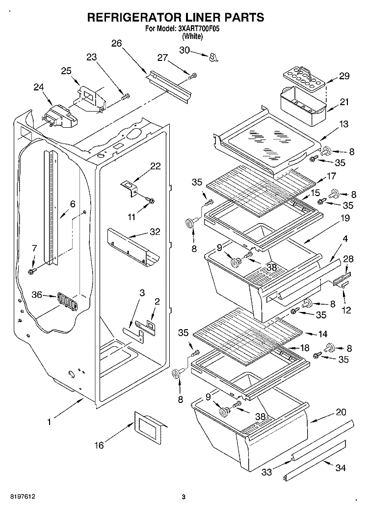 REFRIGERATOR LINER Diagram and Parts List for 3XART700F05  Whirlpool Refrigerator