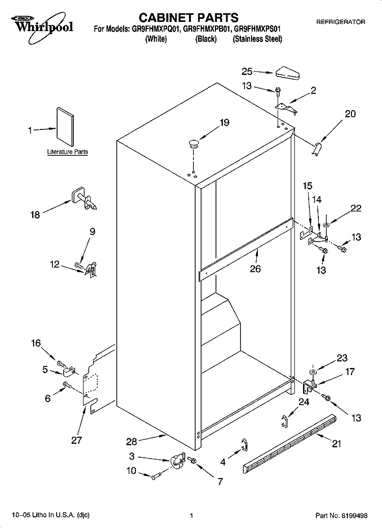 CABINET PARTS Diagram and Parts List for GR9FHMXPB01  Whirlpool Refrigerator