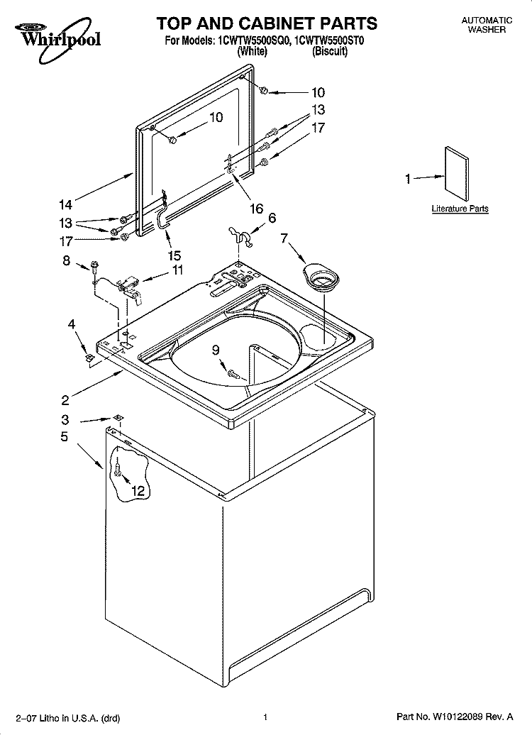 TOP AND CABINET PARTS Diagram and Parts List for 1CWTW5500SQ0  Whirlpool Washer