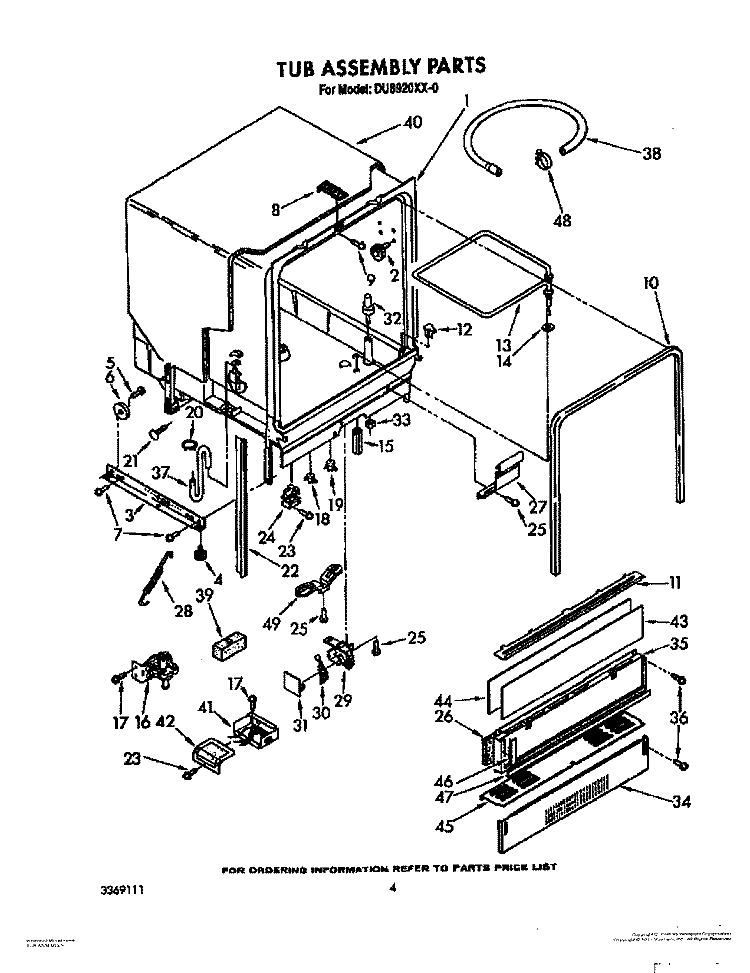 TUB ASSEMBLY Diagram and Parts List for DU8920XX0  Whirlpool Dishwasher