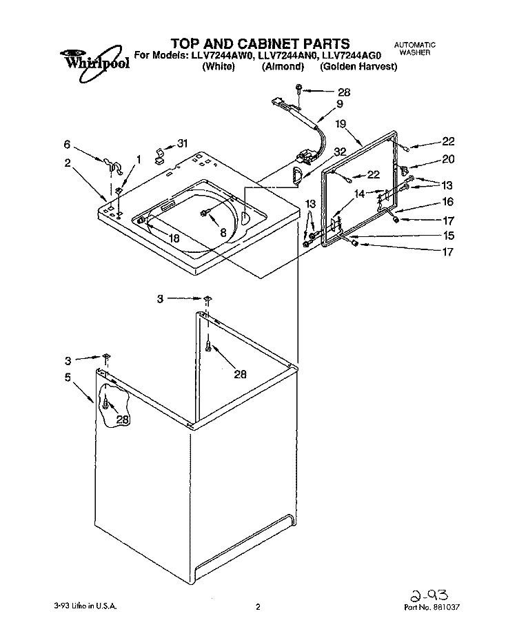 TOP AND CABINET, LIT/OPTIONAL Diagram and Parts List for LLV7244AW0  Whirlpool Washer