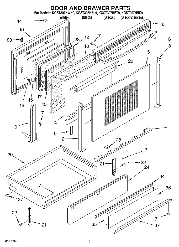 DOOR AND DRAWER Diagram and Parts List for KGST307HBT9  KitchenAid Range