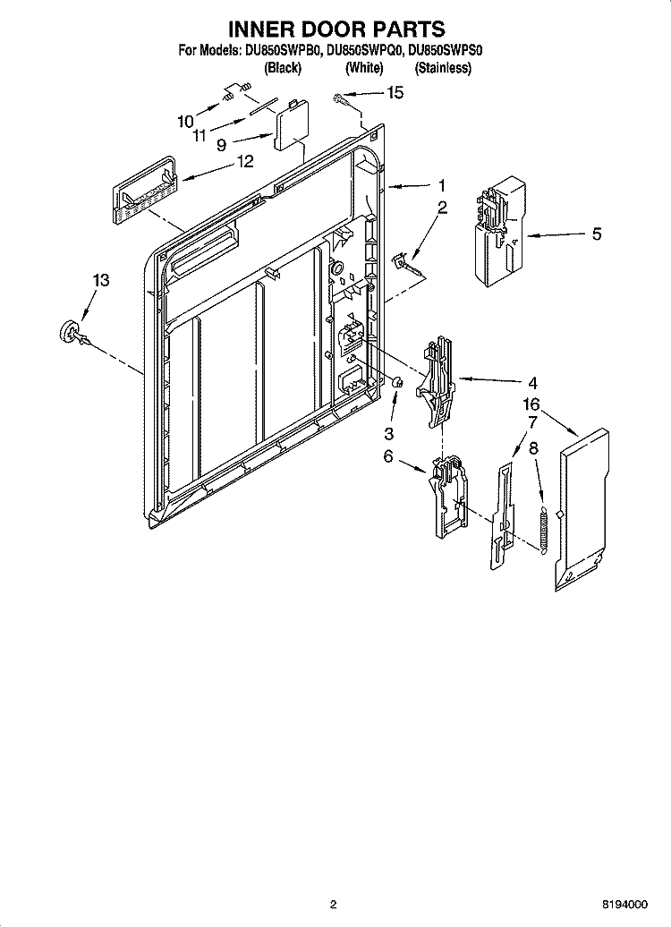 INNER DOOR PARTS Diagram and Parts List for DU850SWPB0  Whirlpool Dishwasher