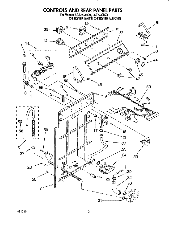 CONTROLS AND REAR PANEL Diagram and Parts List for LST7233DQ1  Whirlpool Washer