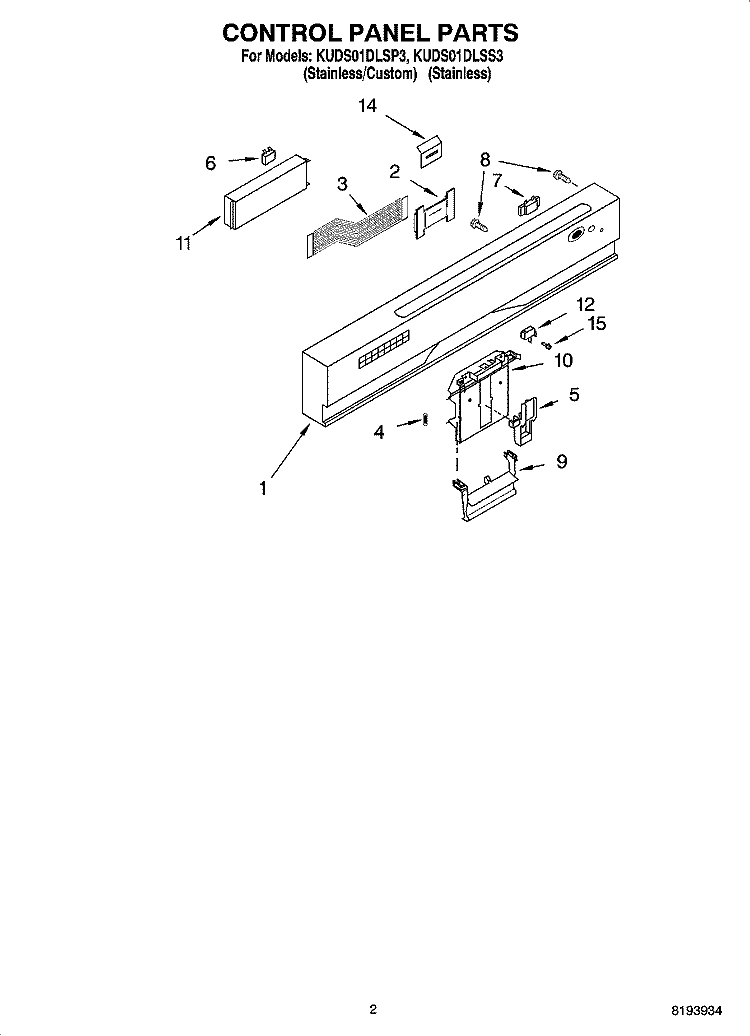 CONTROL PANEL PARTS Diagram and Parts List for KUDS01DLSS3  KitchenAid Dishwasher