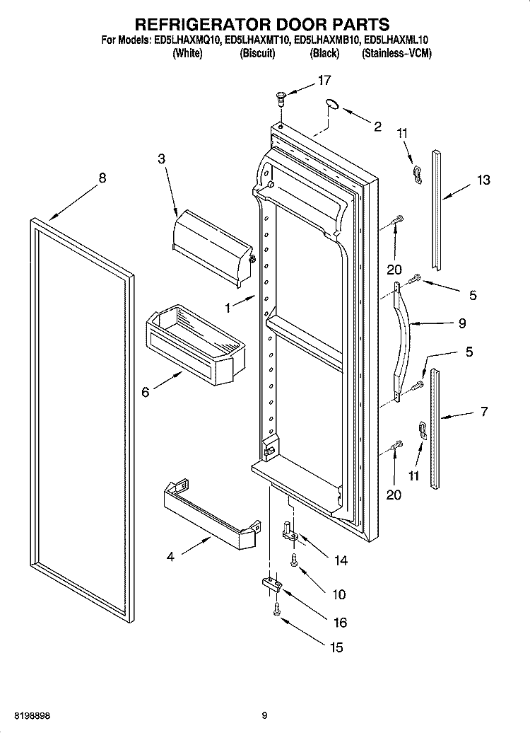 REFRIGERATOR DOOR PARTS Diagram and Parts List for ED5LHAXMB10  Whirlpool Refrigerator