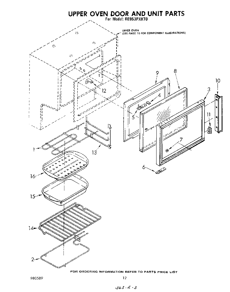 UPPER OVEN DOOR AND UNIT Diagram and Parts List for RE953PXKT0  Whirlpool Range