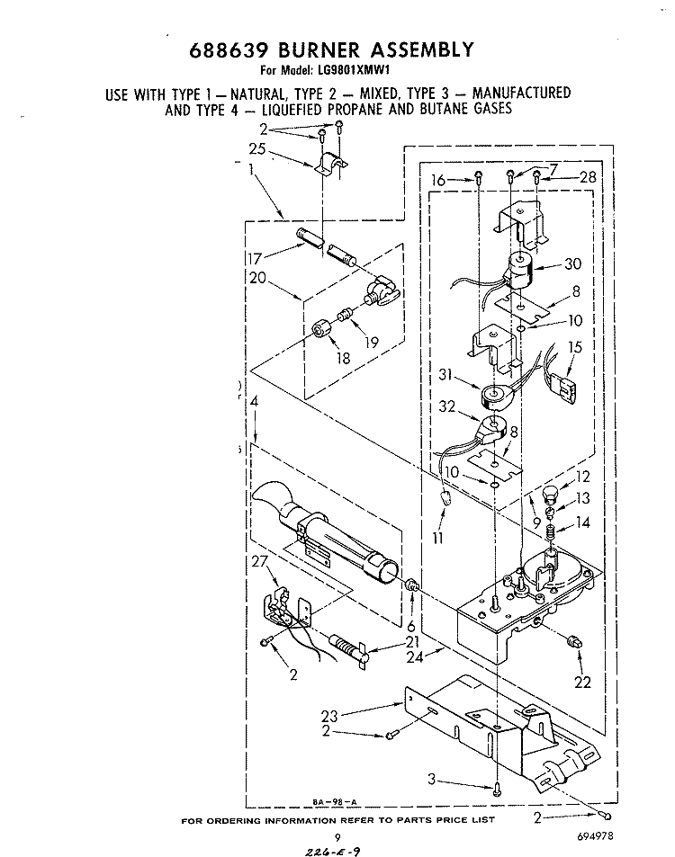 688639 BURNER Diagram and Parts List for LG9801XMW1  Whirlpool Dryer