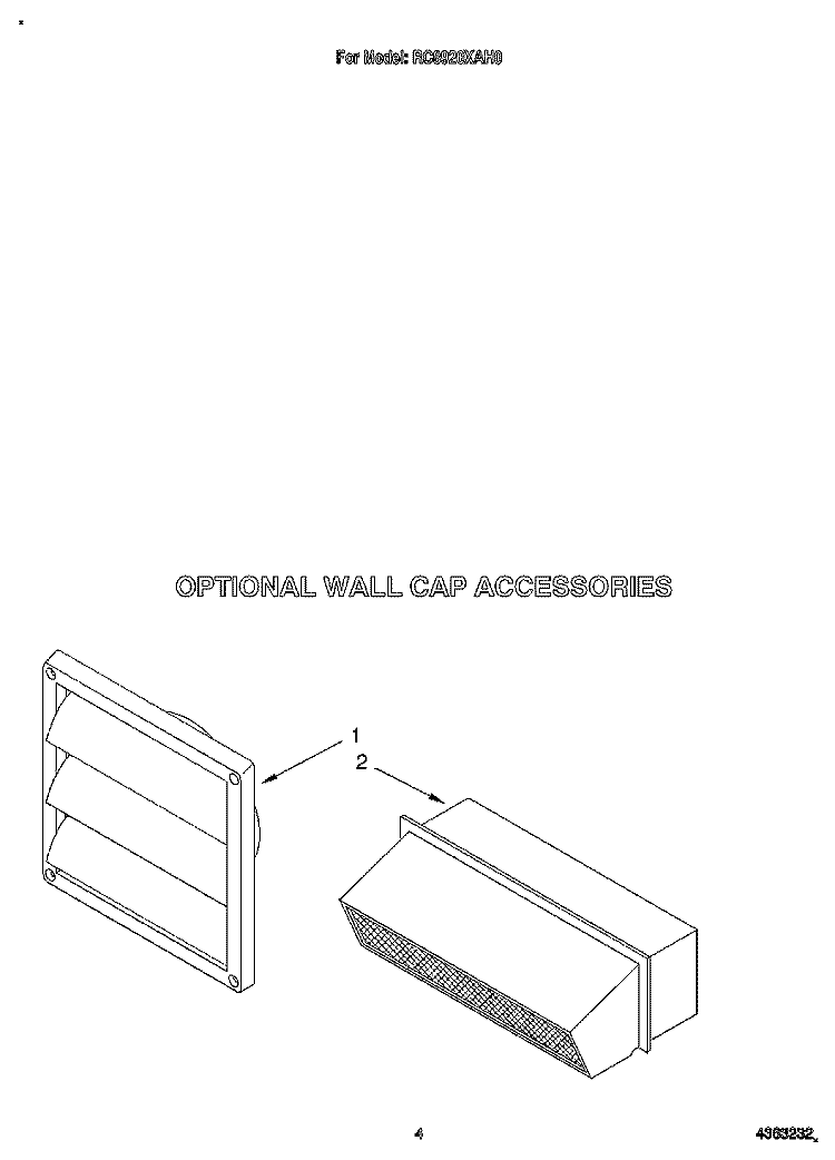 OPTIONAL WALL CAP ACCESSORIES Diagram and Parts List for RC8920XAH0  Whirlpool Cooktop