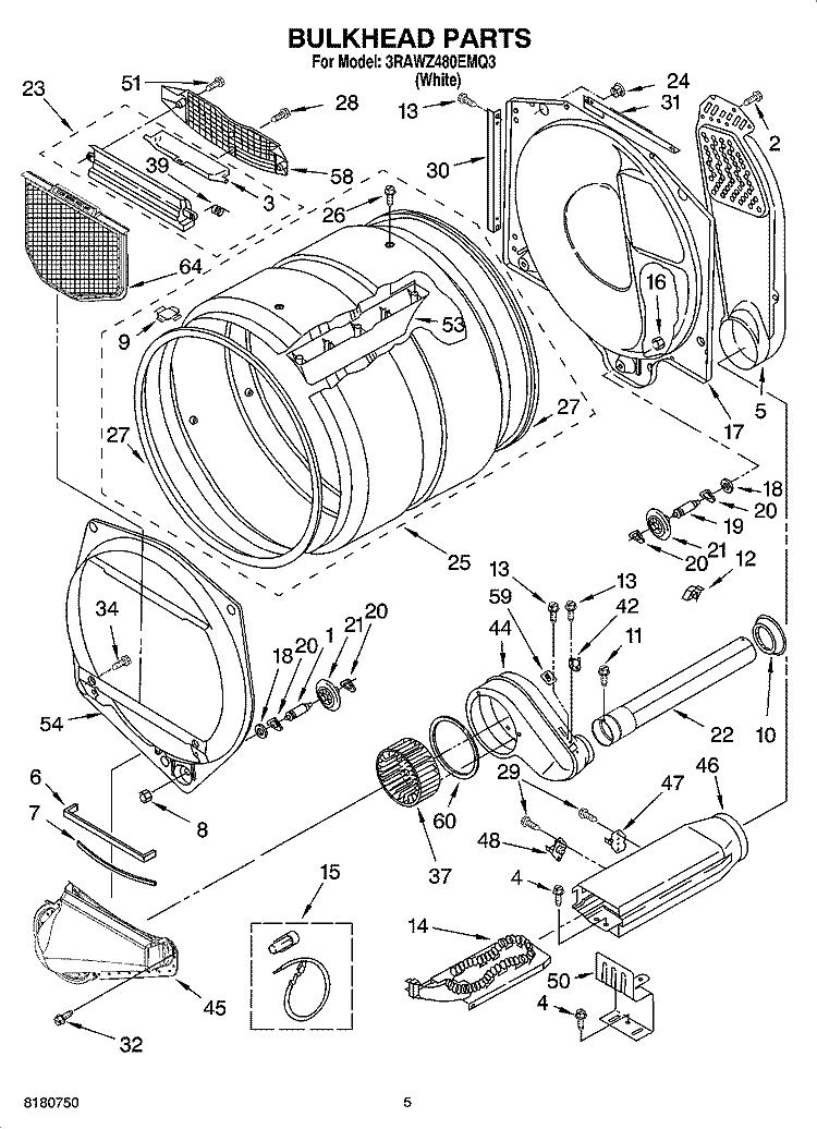 BULKHEAD PARTS Diagram and Parts List for 3RAWZ480EMQ3  Whirlpool Dryer
