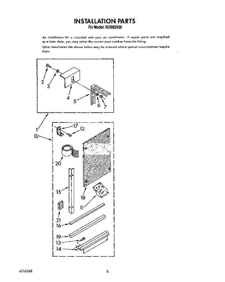 INSTALLATION PARTS Diagram and Parts List for X05002X00  Roper Air Conditioner