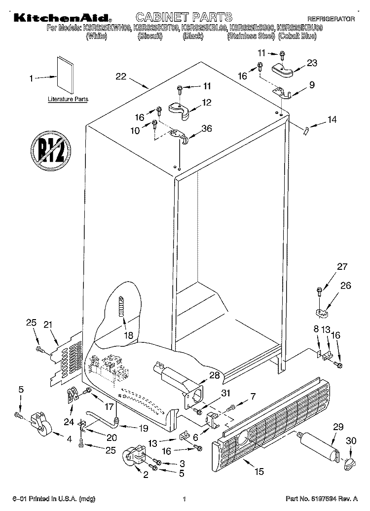 CABINET, LITERATURE Diagram and Parts List for KSRS25IKBL00  KitchenAid Refrigerator