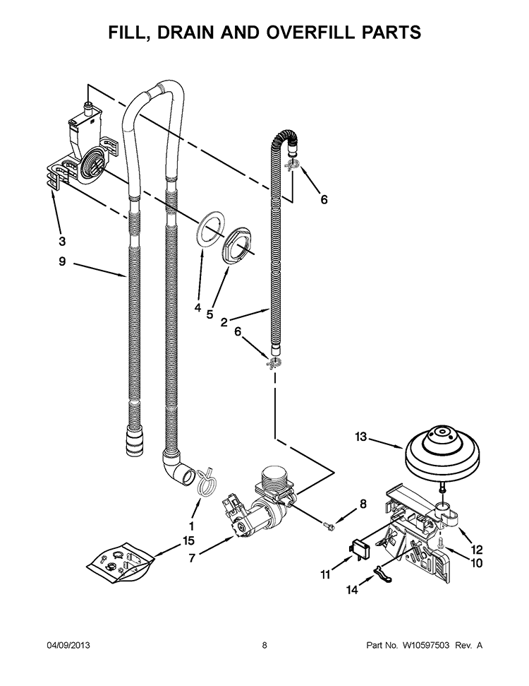 FILL, DRAIN AND OVERFILL PARTS Diagram and Parts List for 7WDT770PAYM4  Whirlpool Dishwasher