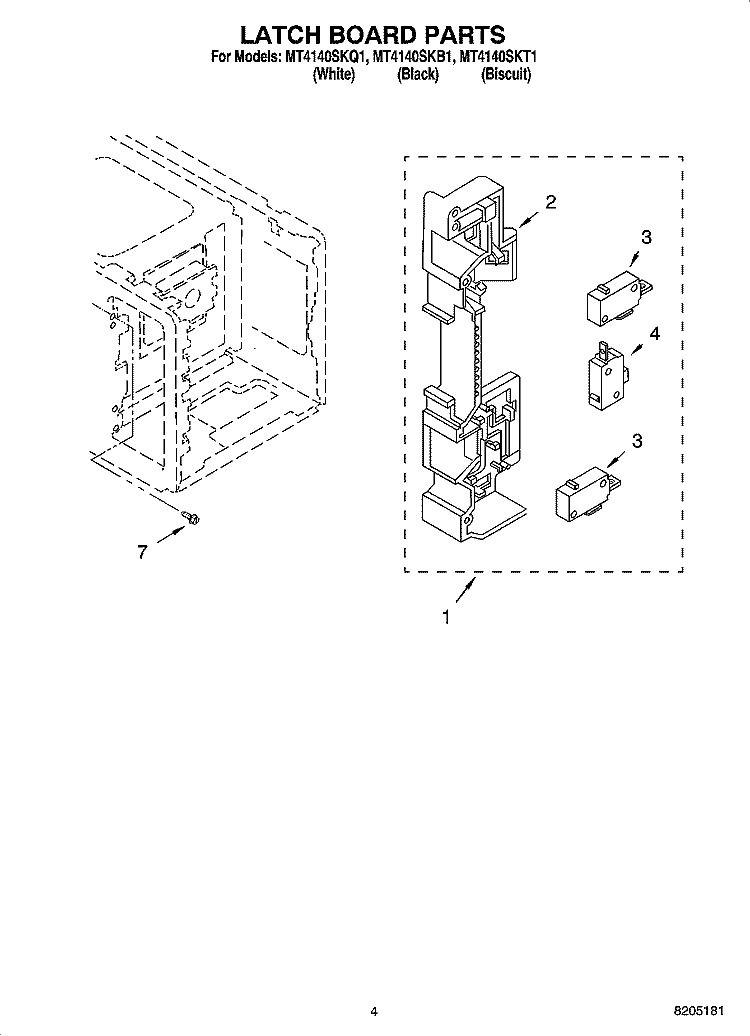 LATCH BOARD PARTS Diagram and Parts List for MT4140SKQ1  Whirlpool Microwave