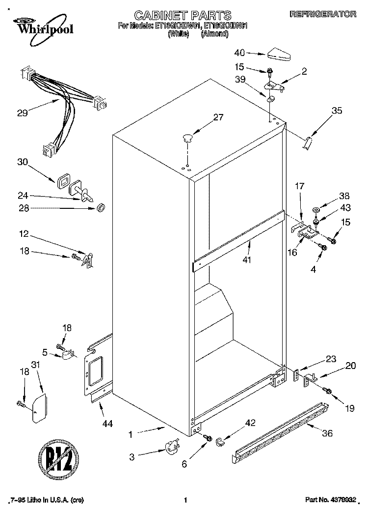 CABINET Diagram and Parts List for ET18GKXDW01  Whirlpool Refrigerator