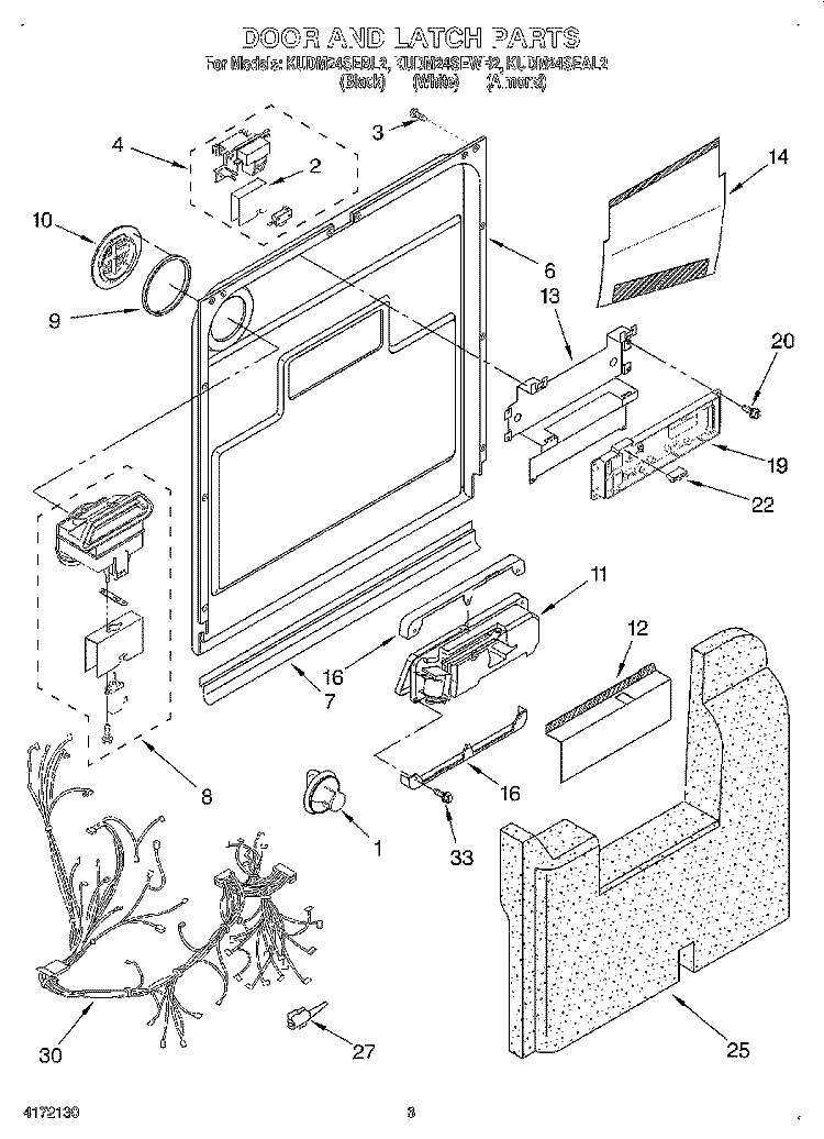 DOOR AND LATCH Diagram and Parts List for KUDM24SEWH2  KitchenAid Dishwasher