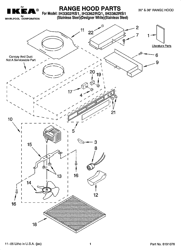 RANGE HOOD PARTS Diagram and Parts List for IH3362RQ1  Whirlpool Range Hood