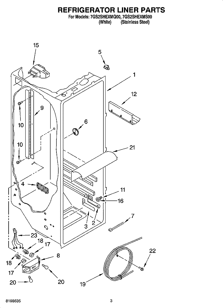 REFRIGERATOR LINER PARTS Diagram and Parts List for 7GS2SHEXMS00  Whirlpool Refrigerator
