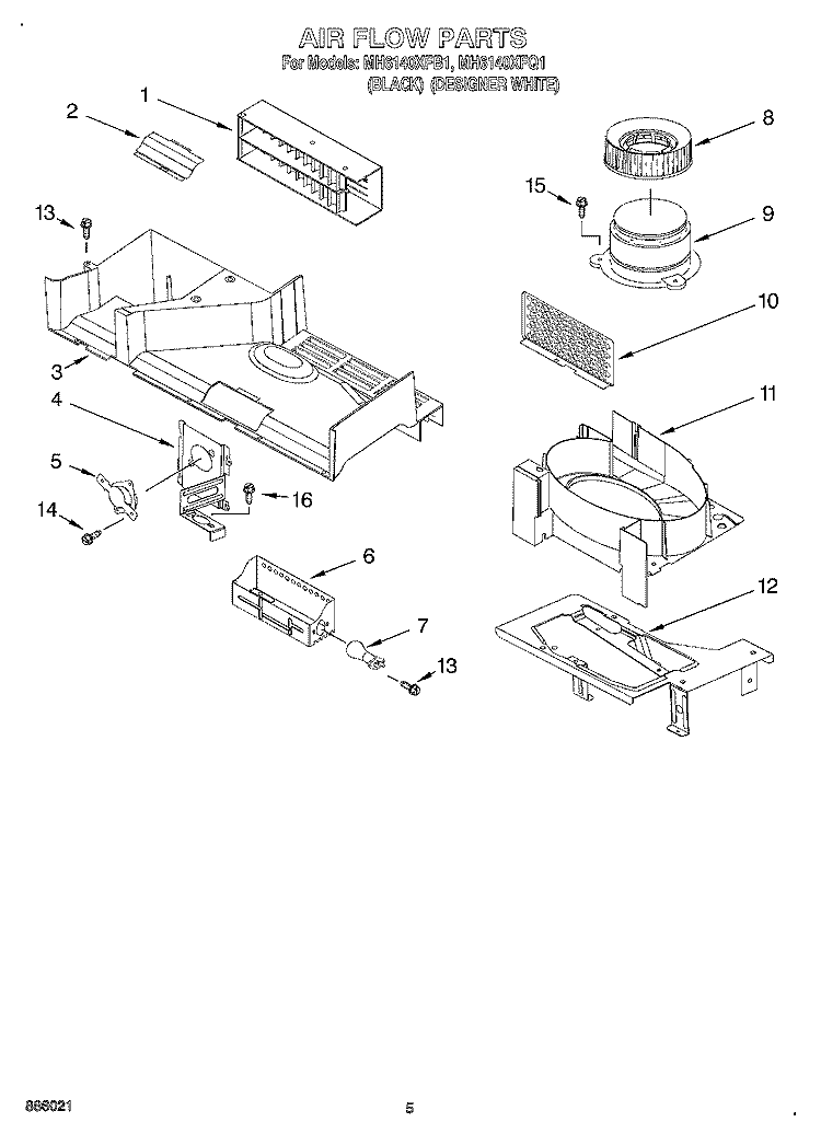 AIR FLOW Diagram and Parts List for MH6140XFB1  Whirlpool Microwave