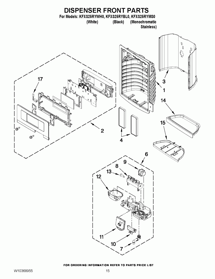DISPENSER FRONT PARTS Diagram and Parts List for KFXS25RYBL0  KitchenAid Refrigerator