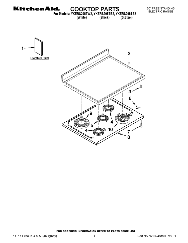 COOKTOP PARTS Diagram and Parts List for YKERS205TS2  KitchenAid Range