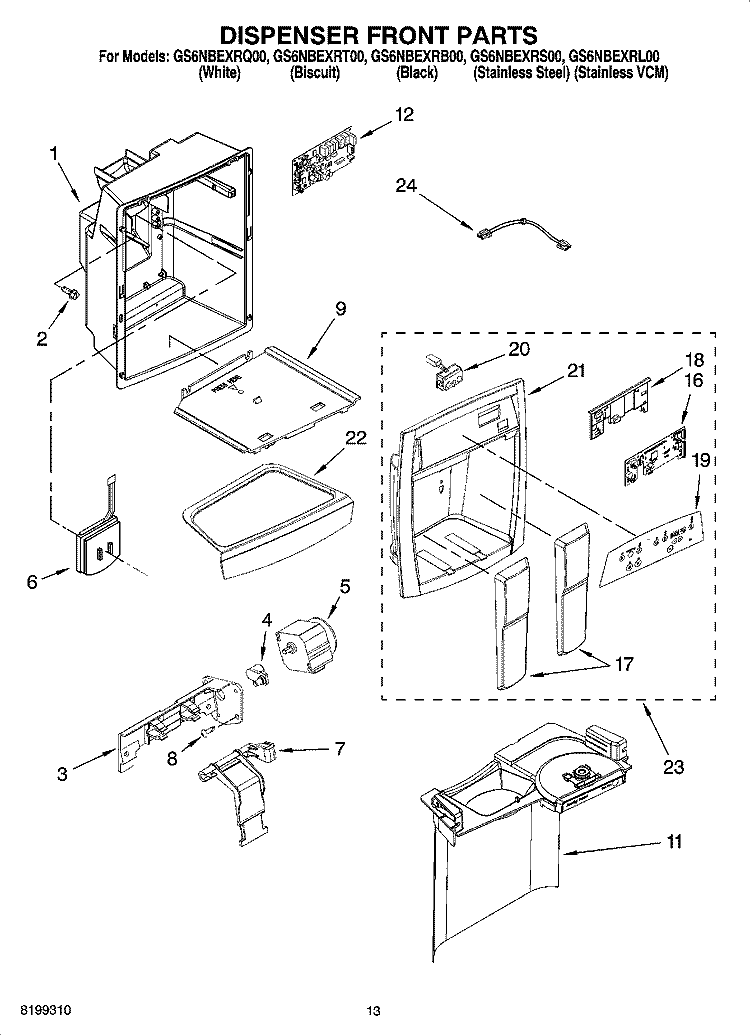 DISPENSER FRONT PARTS Diagram and Parts List for GS6NBEXRT00  Whirlpool Refrigerator