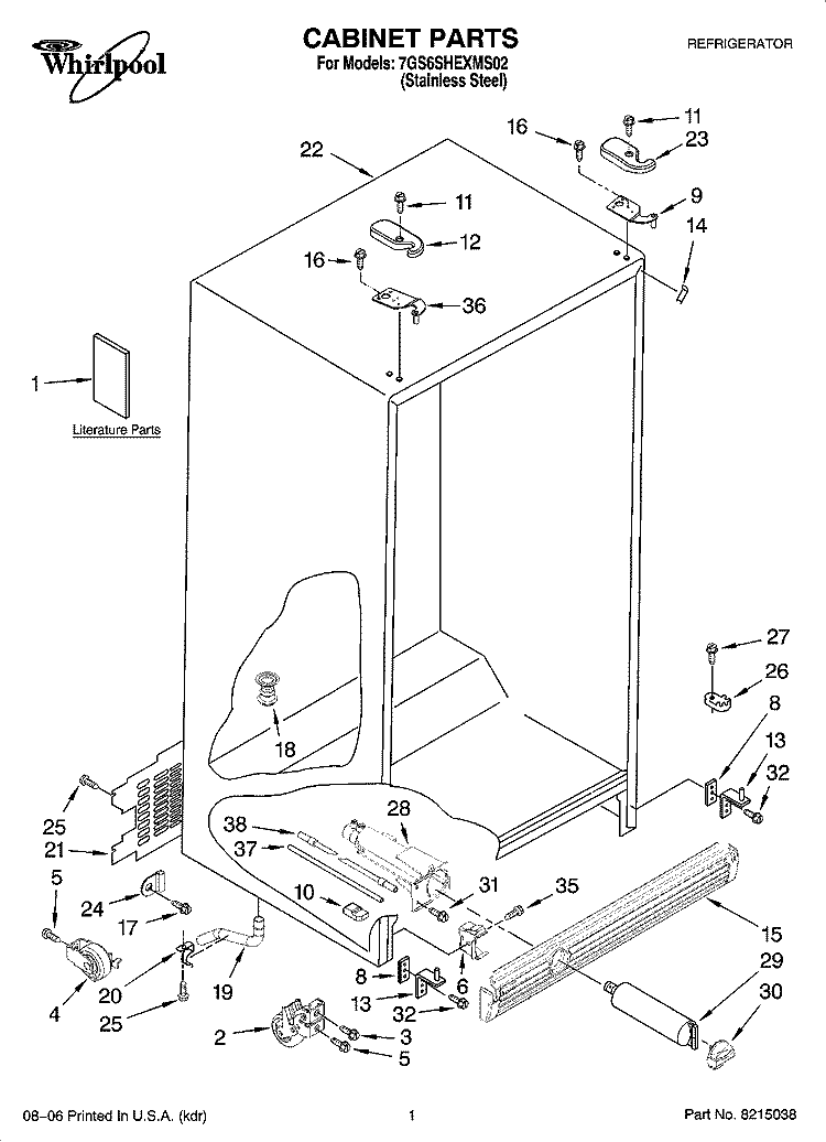 CABINET PARTS Diagram and Parts List for 7GS6SHEXMS02  Whirlpool Refrigerator