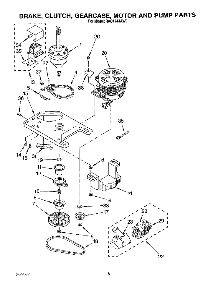BRAKE, CLUTCH, GEARCASE, MOTOR AND PUMP Diagram and Parts List for RAC4244AL0  Whirlpool Washer