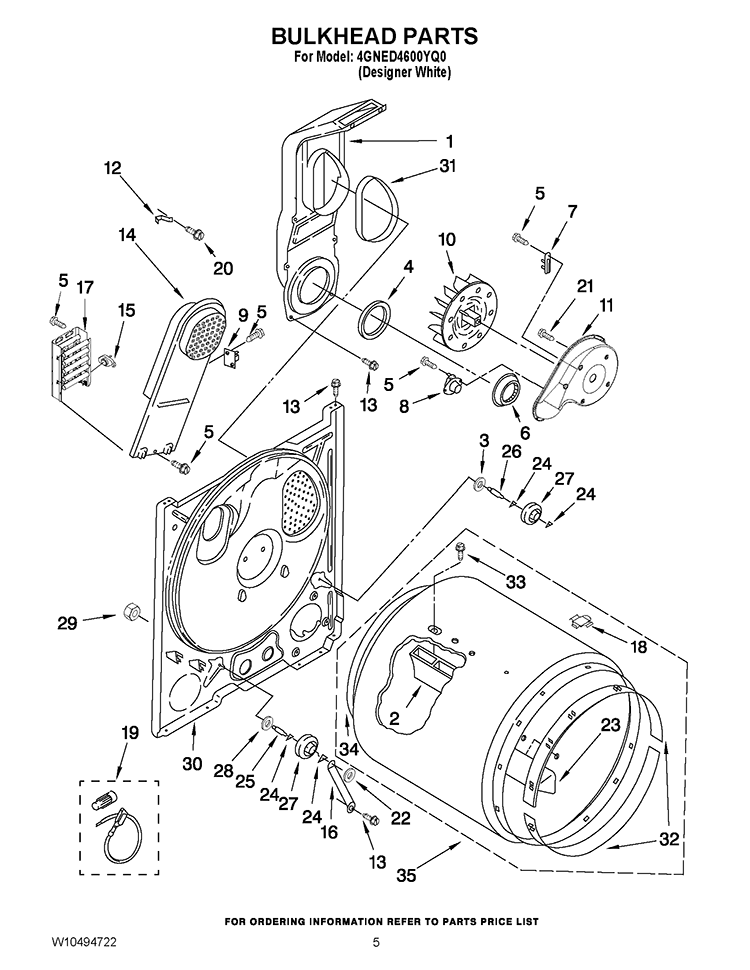 BULKHEAD PARTS Diagram and Parts List for 4GNED4600YQ0  Whirlpool Dryer