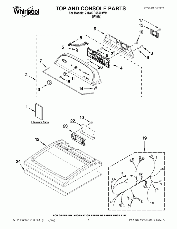 TOP AND CONSOLE PARTS Diagram and Parts List for 7MWGD5550XW1  Whirlpool Dryer