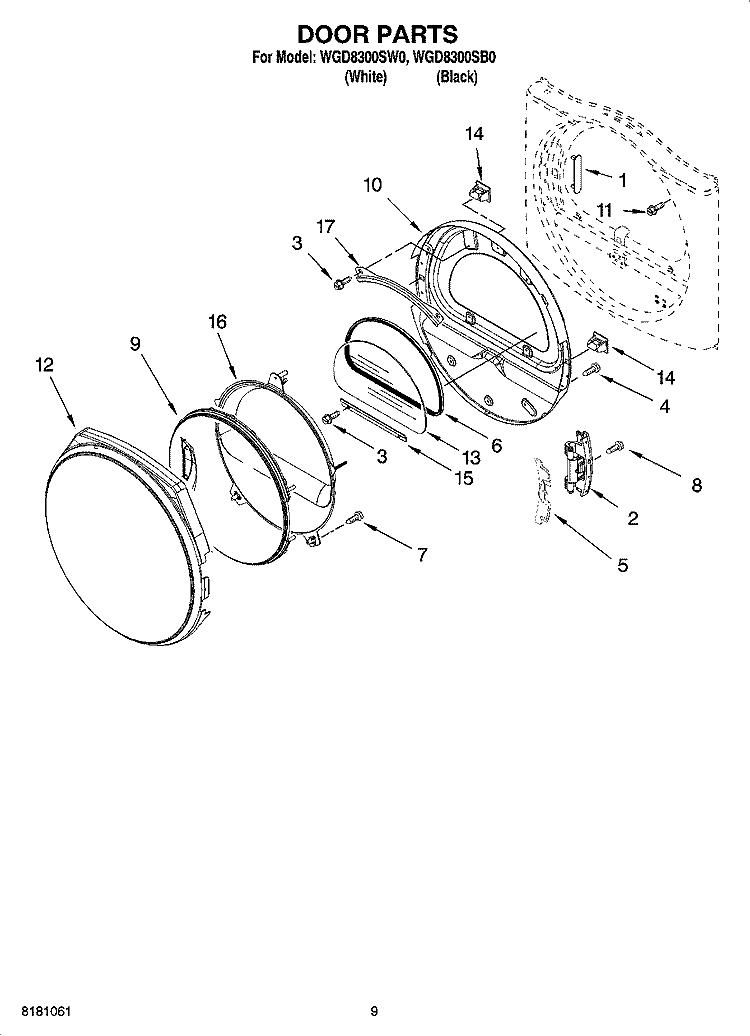 DOOR PARTS, OPTIONAL PARTS (NOT INCLUDED) Diagram and Parts List for WGD8300SB0  Whirlpool Dryer