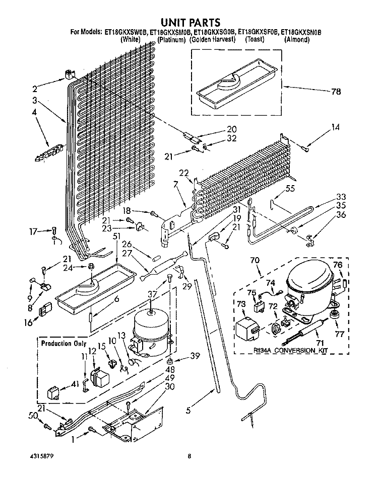 UNIT Diagram and Parts List for ET18GKXSW0B  Whirlpool Refrigerator
