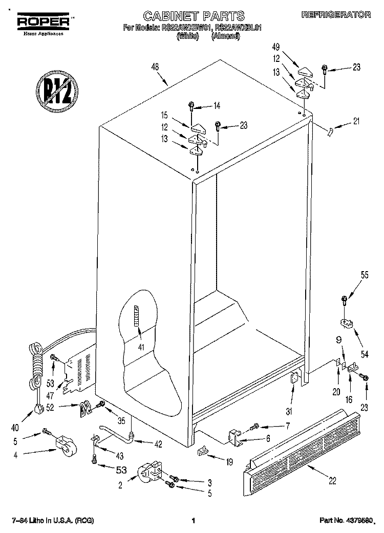 CABINET Diagram and Parts List for RS22AWXBW01  Roper Refrigerator