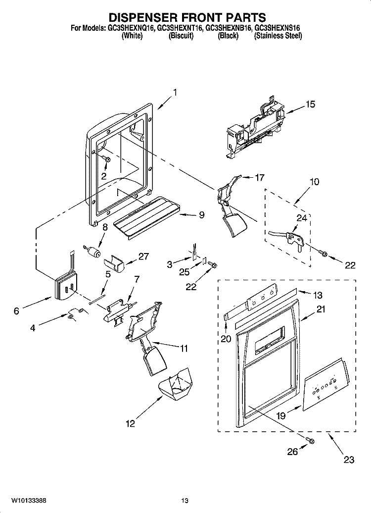 DISPENSER FRONT PARTS Diagram and Parts List for GC3SHEXNT16  Whirlpool Refrigerator