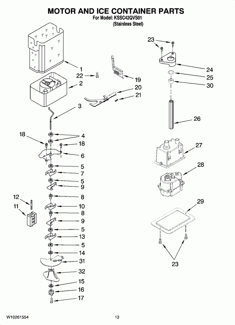 MOTOR AND ICE CONTAINER PARTS Diagram and Parts List for KSSC42QVS01  KitchenAid Refrigerator