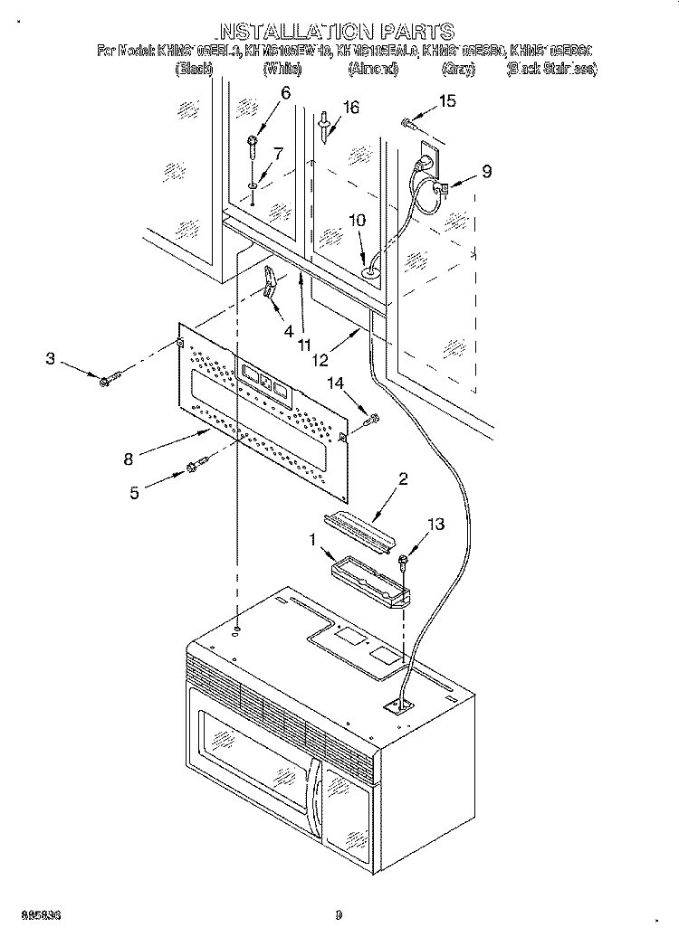 INSTALLATION Diagram and Parts List for KHMS105EBS0  KitchenAid Microwave