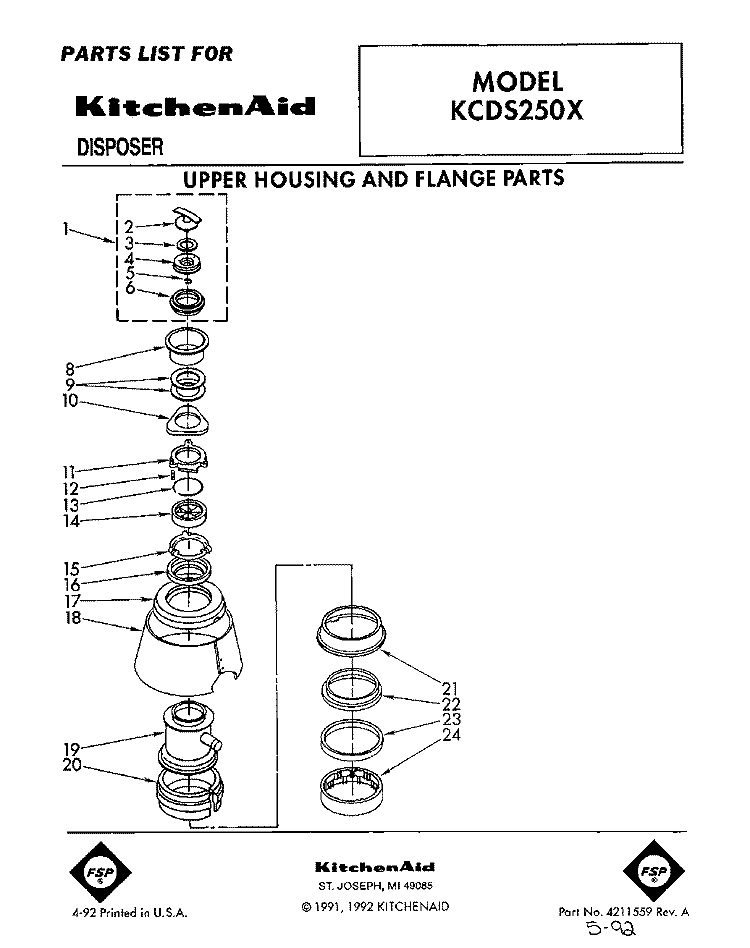 SECTION Diagram and Parts List for KCDS250X  KitchenAid Food Waste Disposer