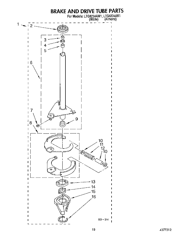 BRAKE AND DRIVE TUBE Diagram and Parts List for LTG6234AW1  Whirlpool Washer Dryer Combo