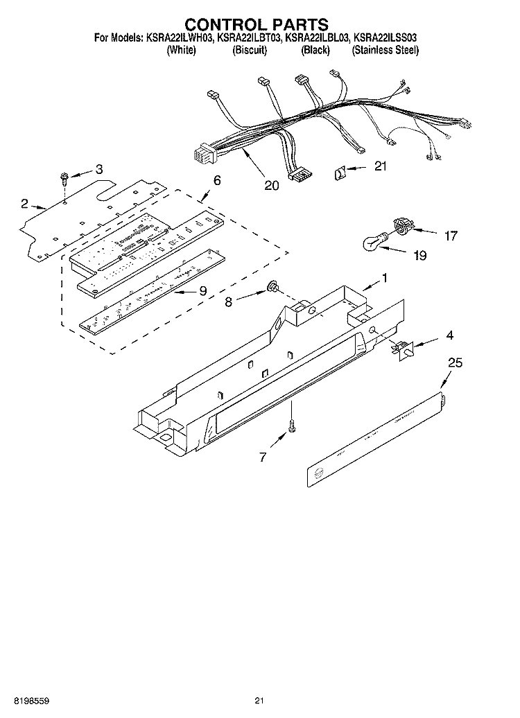 CONTROL PARTS, PARTS NOT ILLUSTRATED Diagram and Parts List for KSRA22ILBL03  KitchenAid Refrigerator
