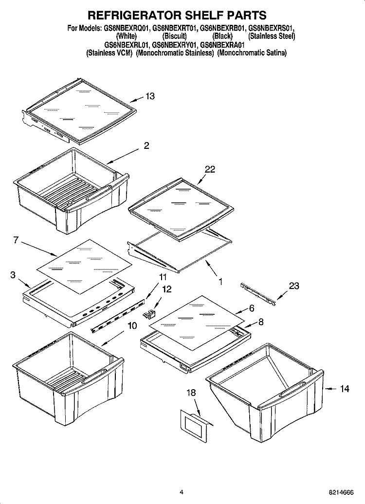 REFRIGERATOR SHELF PARTS Diagram and Parts List for GS6NBEXRT01  Whirlpool Refrigerator