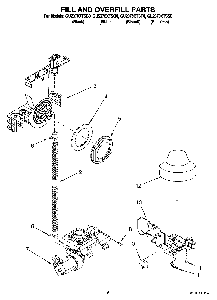 FILL AND OVERFILL PARTS Diagram and Parts List for GU2370XTST0  Whirlpool Dishwasher