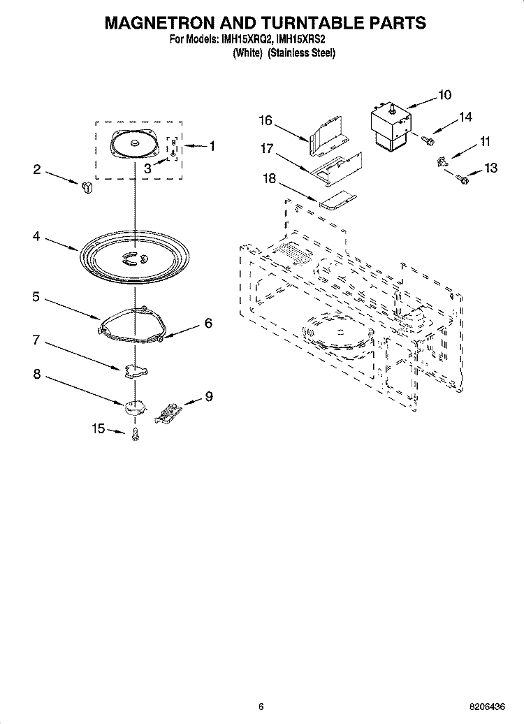 MAGNETRON AND TURNTABLE PARTS Diagram and Parts List for IMH15XRQ2  Whirlpool Microwave
