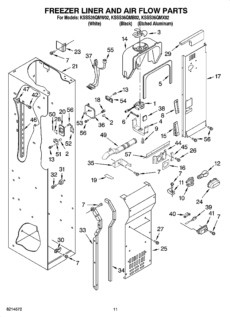 FREEZER LINER AND AIR FLOW PARTS Diagram and Parts List for KSSS36QMB02  KitchenAid Refrigerator