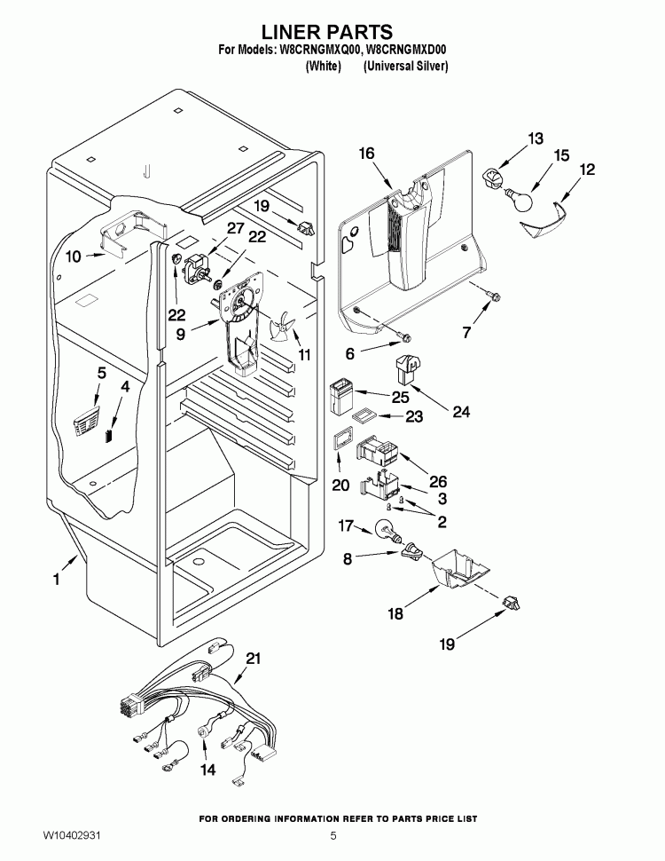 LINER PARTS Diagram and Parts List for W8CRNGMXD00  Whirlpool Refrigerator