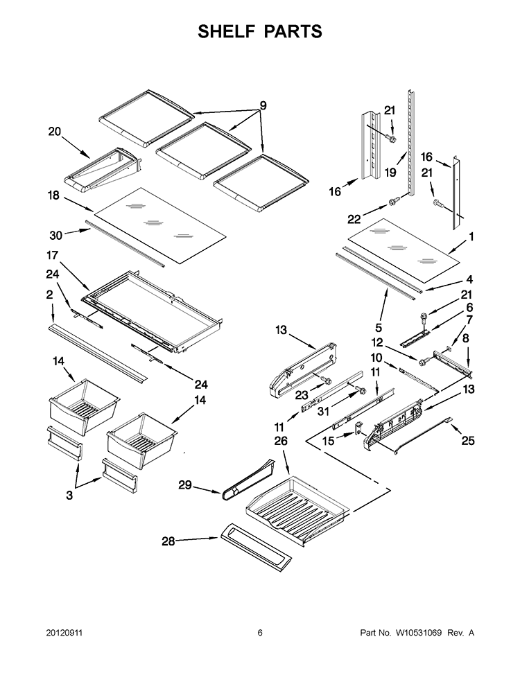 SHELF PARTS Diagram and Parts List for GI0FSAXVB08  Whirlpool Refrigerator