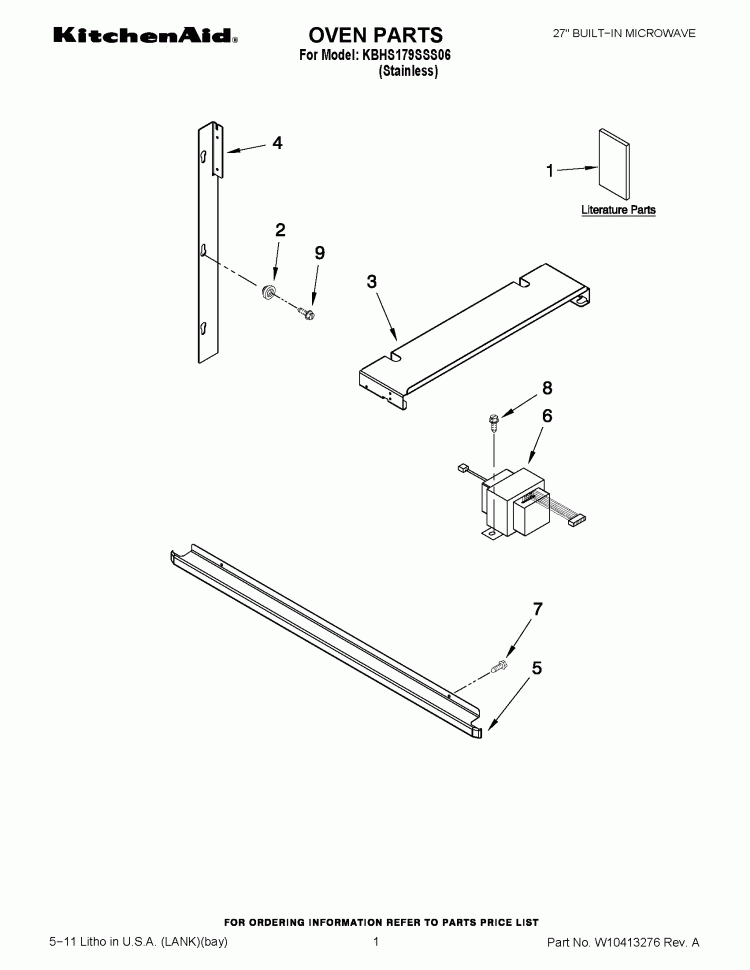 OVEN PARTS Diagram and Parts List for KBHS179SSS06  KitchenAid Microwave