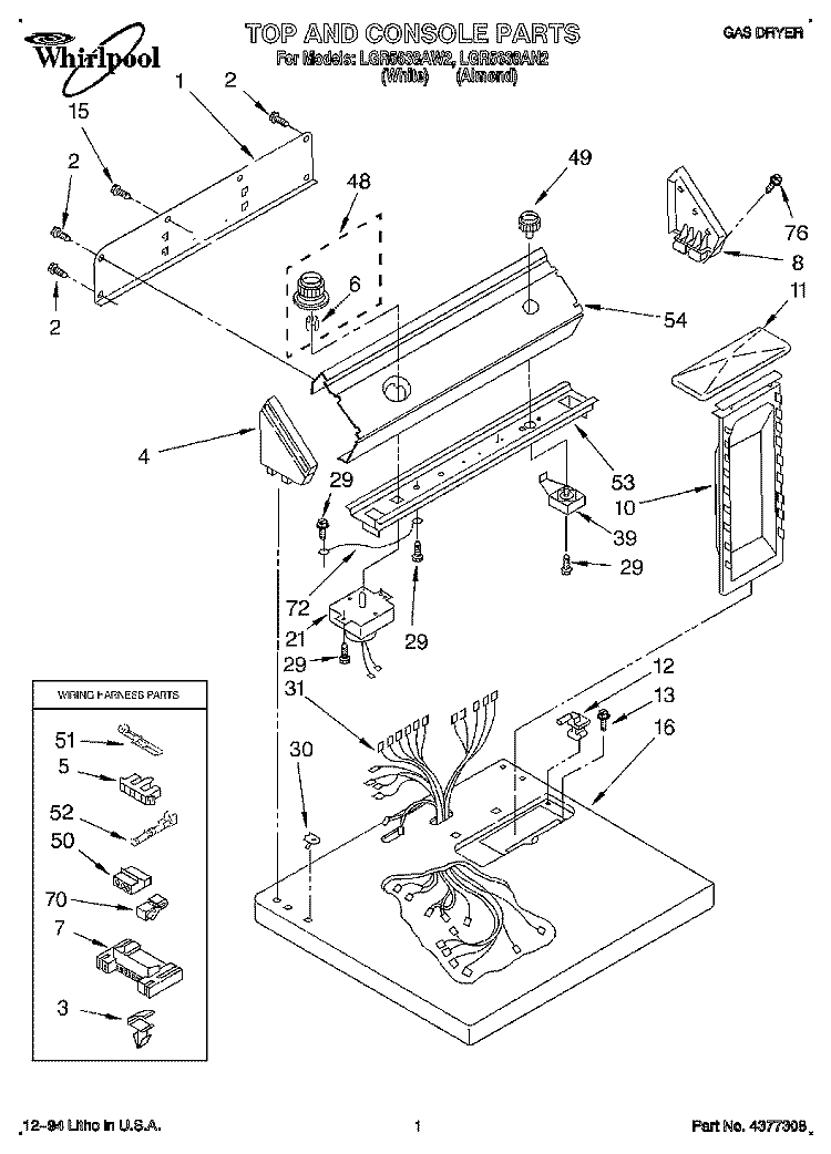 TOP AND CONSOLE, LIT/OPTIONAL Diagram and Parts List for LGR5638AN2  Whirlpool Dryer