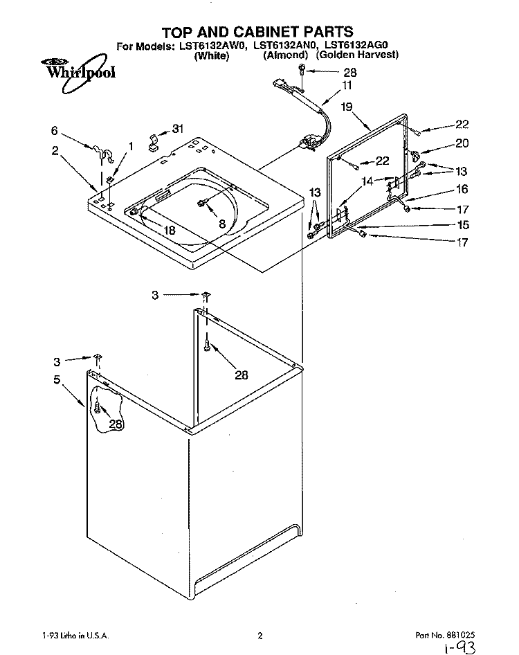 TOP AND CABINET, LIT/OPTIONAL Diagram and Parts List for LST6132AG0  Whirlpool Washer