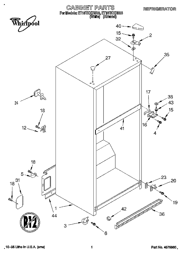 CABINET Diagram and Parts List for ET18TKXDN03  Whirlpool Refrigerator