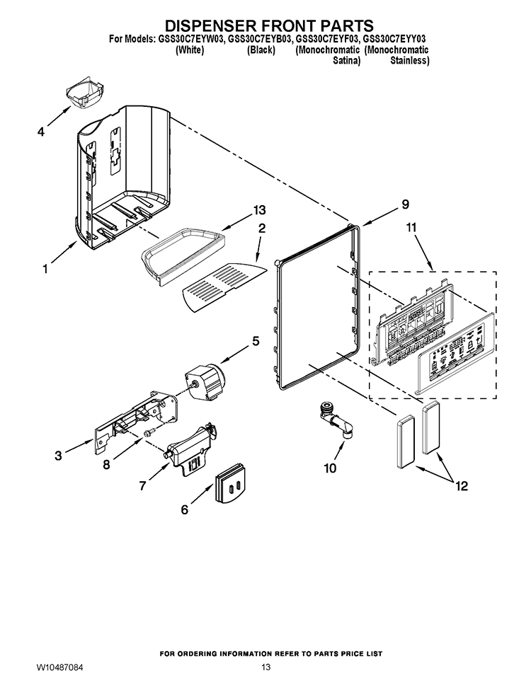 DISPENSER FRONT PARTS Diagram and Parts List for GSS30C7EYW03  Whirlpool Refrigerator